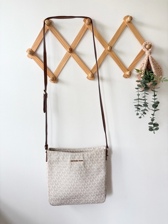 Michael Kors Handbags - Michael Kors Beige Monogram Crossbody with Brown Strap